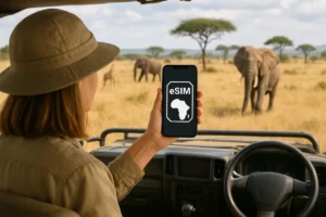 Traveler on African safari using smartphone with eSIM to stay connected