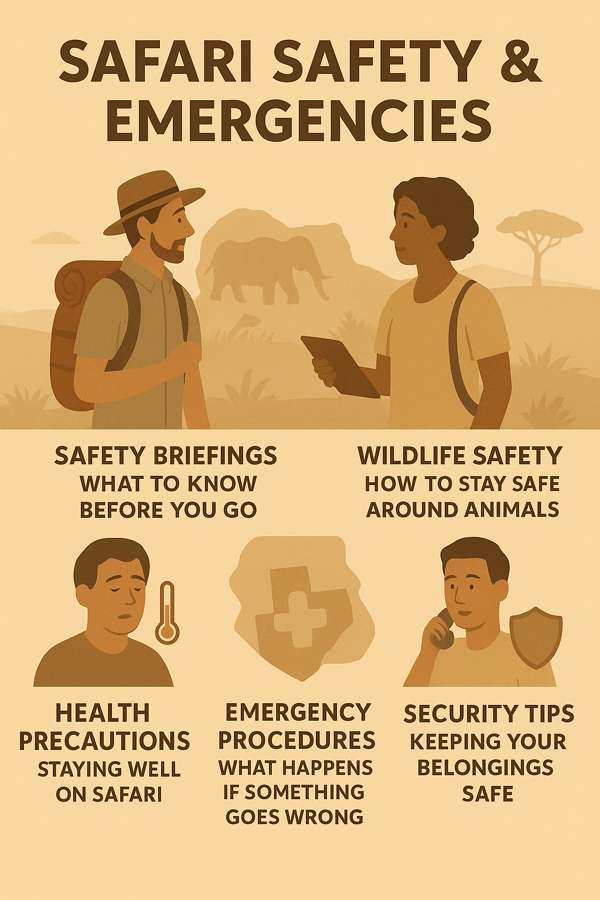 Safari Safety & Emergencies with safety briefings, wildlife safety, health precautions, emergency procedures, and security tips; shows traveler and guide, animal silhouettes, medical and safety icons.