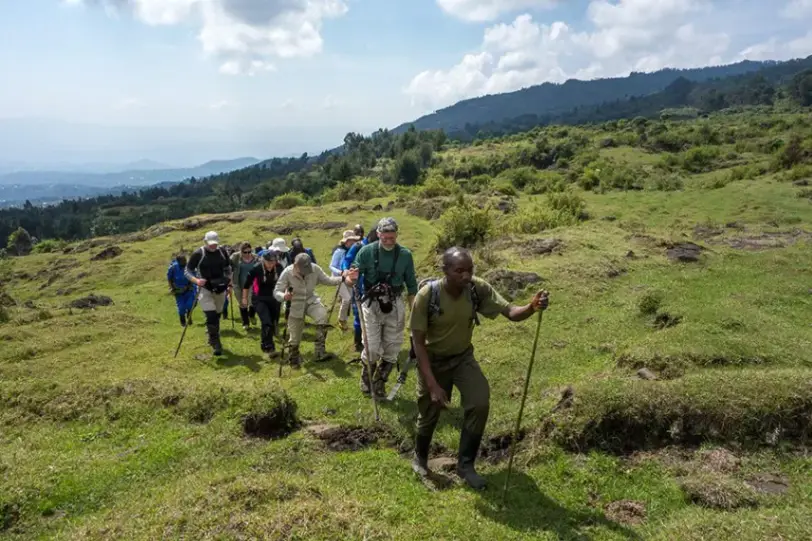Travelers begin their gorilla trekking adventure in the misty forests of Mgahinga Gorilla National Park, Uganda.