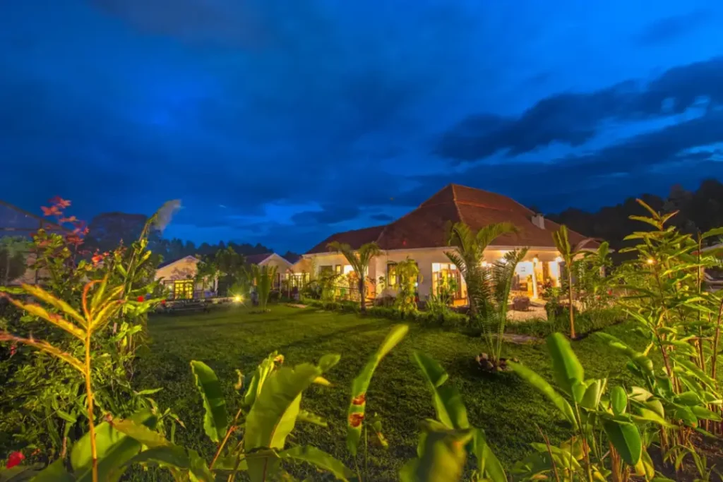 Five Volcanoes Boutique Hotel with scenic views of the Virunga Volcanoes, Rwanda.