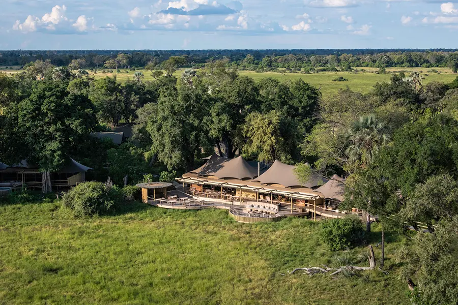 Aerial view of Wilderness Mombo Camp on Chief’s Island in the Okavango Delta, Botswana