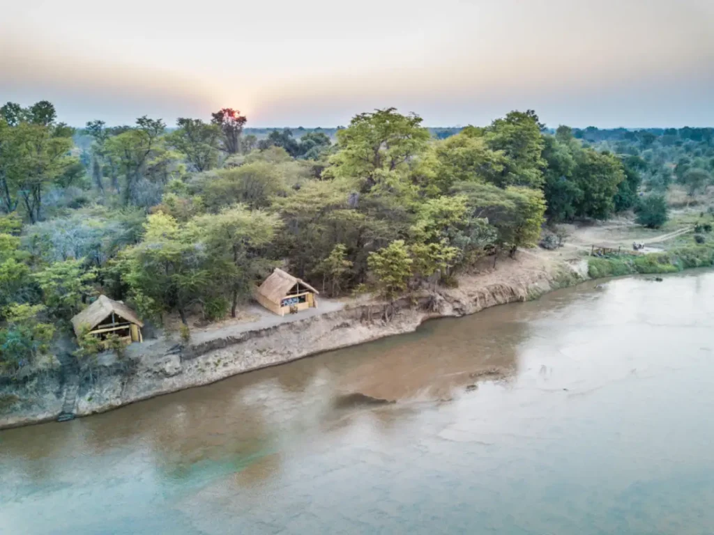 Aerial view of Mwaleshi Camp in North Luangwa National Park Zambia showing remote river setting