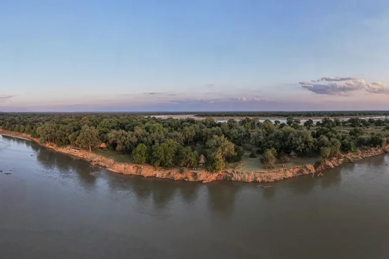 Aerial view of Tafika Camp along the Luangwa River in South Luangwa National Park, Zambia