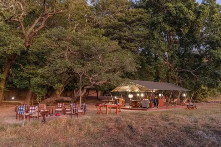 Main communal area at Luwi Camp in South Luangwa National Park, Zambia, set deep in a remote wilderness walking safari zone.