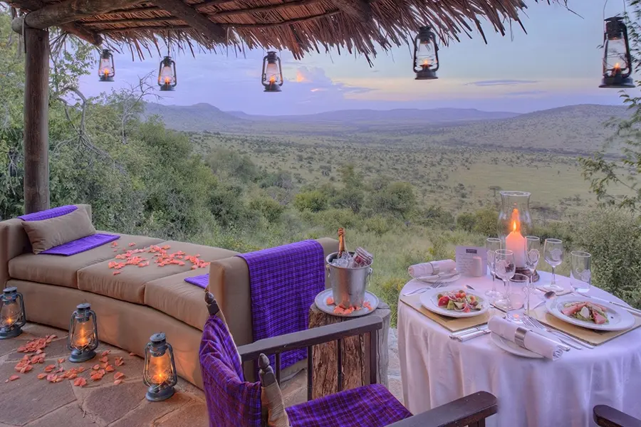 Private veranda dinner at Klein’s Camp overlooking the Serengeti plains