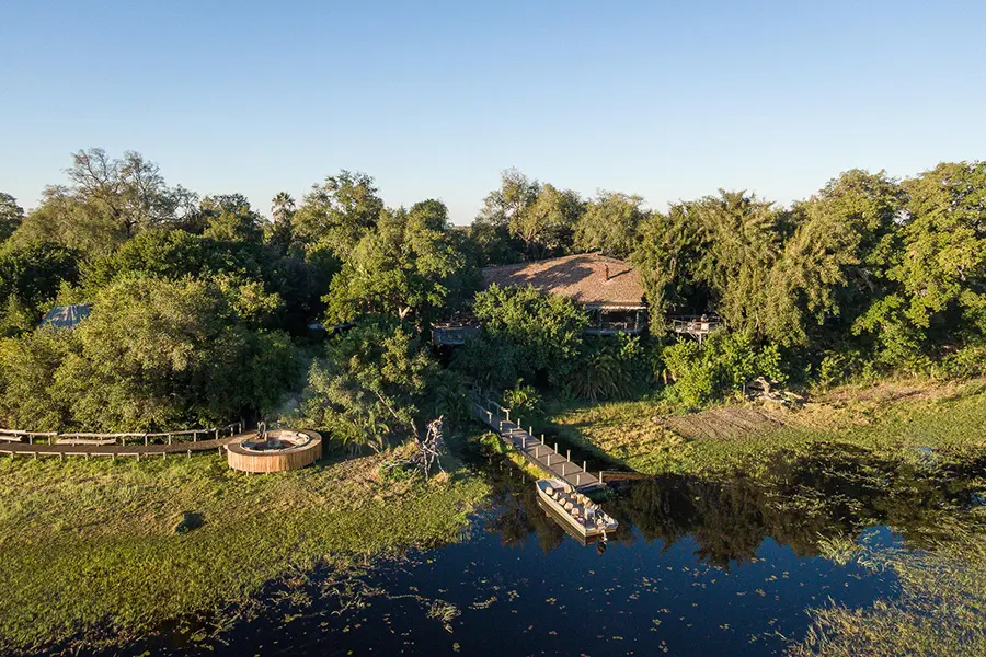 Aerial view of Jao Camp in the Okavango Delta, Botswana showing floodplains, lagoons, and luxury safari suites