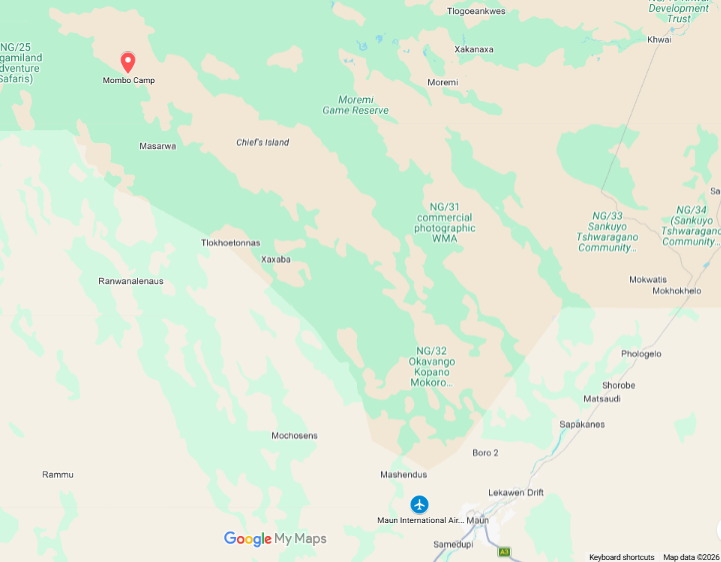 Map showing the location of Mombo Camp on Chief’s Island in the Okavango Delta, Botswana, with access from Maun International Airport