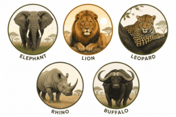 Big Five animals in the Okavango Delta Botswana safari landscape
