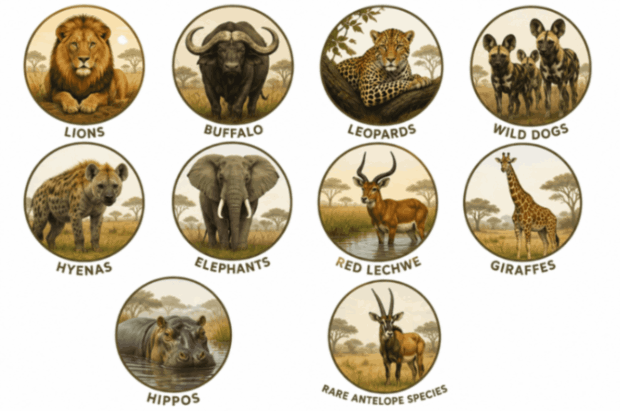 AI-generated wildlife image of lions, buffalo, elephants, giraffes, and other animals at Duba Plains Camp in Botswana’s Okavango Delta.