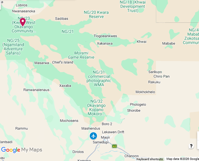 Map showing the location of Duba Plains Camp in the Okavango Delta, Botswana, within a private wildlife concession.