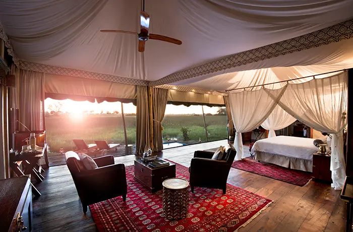 Private luxury safari tent at Duba Plains Camp with lounge area, verandah, and private plunge pool in Botswana’s Okavango Delta.