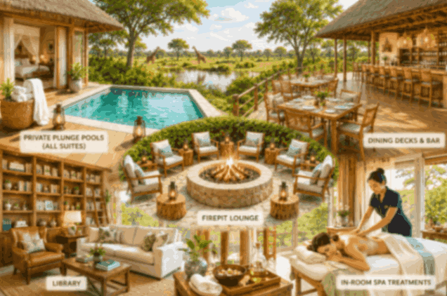Illustration of Vumbura Plains luxury safari facilities featuring private plunge pools, dining deck and bar, firepit lounge, library, spa treatments, and giraffes in the Okavango Delta.