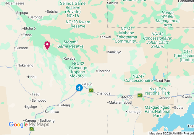 Google map showing the location of Xigera Safari Lodge in the Moremi Game Reserve, Okavango Delta, Botswana.