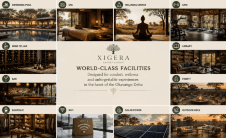 AI illustration of Xigera Safari Lodge facilities featuring a swimming pool, spa, gym, wine cellar, library, outdoor deck, and luxury safari amenities in Botswana.