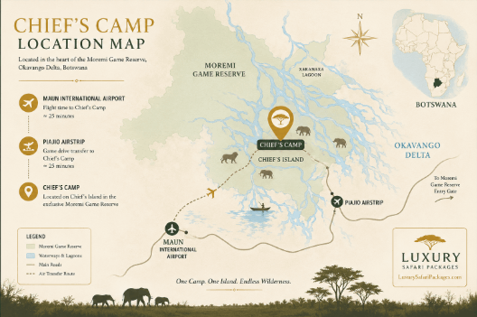 Map showing the location of Chief's Camp on Chief's Island in the Moremi Game Reserve, Okavango Delta, Botswana.